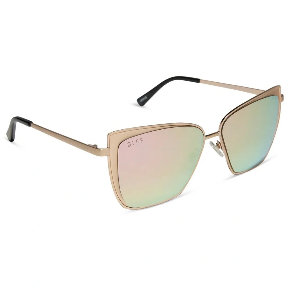 DIFF Grace Sunglasses Brushed Gold Frame Cherry Blossom Mirror Lens Cat Eye NWT